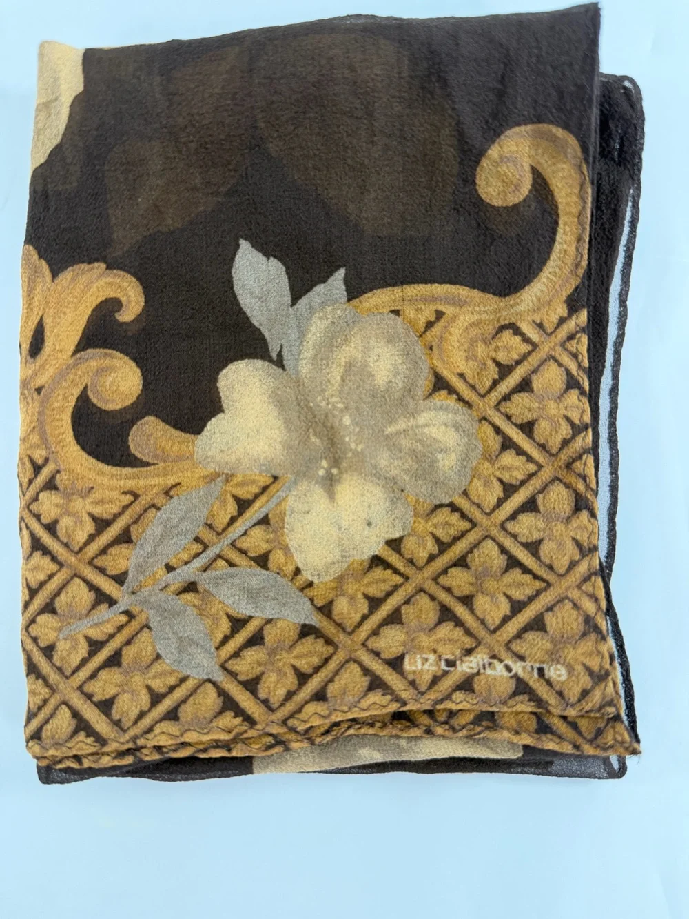Liz Claiborne Floral Chiffon Scarf Brown Gold Sheer Rose Print 54x12